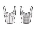 Zip-up jewel cropped shirred corset-style smocked top technical fashion illustration with molded cups, shirred back