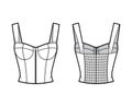 Zip-up jewel cropped shirred corset-style smocked top technical fashion illustration with molded cups, shirred back