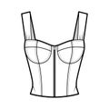 Zip-up jewel cropped shirred corset-style smocked top technical fashion illustration with molded cups, shirred back