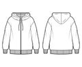 Zip-up oversized cotton-fleece hoodie technical fashion illustration with relaxed fit, long sleeves. Flat outwear jumper