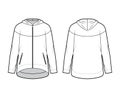 Zip-up oversized cotton-fleece hoodie technical fashion illustration with zipper pockets, relaxed fit, long sleeves