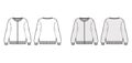 Zip-up oversized cotton-terry sweatshirt technical fashion illustration with scoop neckline, long sleeves, ribbed trims