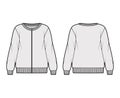 Zip-up oversized cotton-terry sweatshirt technical fashion illustration with scoop neckline, long sleeves, ribbed trims