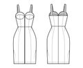 Zip-up tube dress technical fashion illustration with bustier, sleeveless, fitted body, knee length skirt. Flat garment