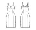 Zip-up tube dress technical fashion illustration with bustier, sleeveless, shoulder straps, fitted body, knee length