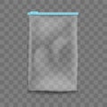 Ziplock cellophane bag isolated template. Empty transparent container with blue adjustable zipper