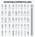 Zipper pullers flat sketch vector illustration set, different types of Zip pull for fasteners, dresses garments, bags, Fashion Royalty Free Stock Photo