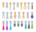 Zipper pulls. Isolated tailor puller, close clasp. Pants cloth details, flat accessories for fashion backpack, luggage