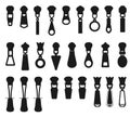 Zipper pulls tailor puller close clasp collection on isolated vector Silhouette Royalty Free Stock Photo