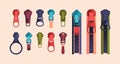 Zipper and sliders puller set. Metal clasp and zippers in blue, red, green color, decorative stripper mount, detail for