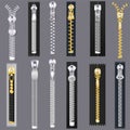 Zipper vector zip slide-fastener for clothing and closed metal fastener lock illustration set of unzip cloth accessory Royalty Free Stock Photo