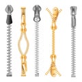 Zippers or fasteners isolated icons, pullers or tailor buckles