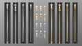 Zippers set. Realistic isolated silver and golden slide fastener elements on transparent background