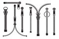Zippers set, slide fastener elements, open and closed pullers for clothing with buckle Royalty Free Stock Photo