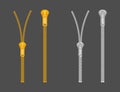 Zippers type set fastener. Metallic closed and open zippers and pullers. Vector illustration Royalty Free Stock Photo