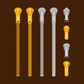 Zippers type set fastener. Metallic closed and open zippers and pullers. Vector illustration