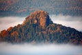 Zirkelstein with autumn trees in the fog clouds, white waves, foggy morning in a fall valley of Saxony Switzerland, Germany. Hill