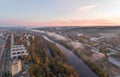 Zirmunai and Antakalnis Districts in Vilnius City, Lithuania. River Neris and Mist over It. Autumn Leaves Color. Morning Golden Royalty Free Stock Photo