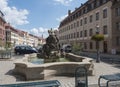 Zittau, Saxony, Germany, July 11, 2019: Old market square of Zittau with baroque fountain. Historic old town summer
