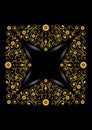 Golden square ornament of flowers,curls and silver ribbon in the center on a black background Royalty Free Stock Photo