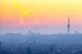 Zizkov television tower, at sunrise, Lesser Town UNESCO, Prague, Czech republic Royalty Free Stock Photo