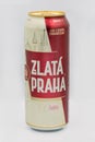 Zlata Praha Czech beer can closeup against white bacground