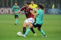 Zlatan Ibrahimovic and Carles Puyol in action during the match