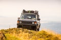 Zlatibor, Serbia - July 30, 2019. Vintage off road car on the top of the golden hill