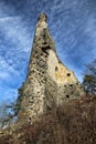 Zlenice castle wall ruins under cloudy sky with bush Royalty Free Stock Photo