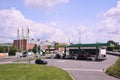 Zlin, Czech republic - June 02, 2018: filling station named MOL with cars near Tomas Bata street with historical industrial buildi