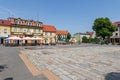 Zlotow, wielkopolskie / Polska - June 11, 2019: The market of a small town in Central Europe. Buildings of old tenement houses in Royalty Free Stock Photo