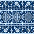 Zmijanski vez retro vector folk art seamless pattern - styled as cross-stitch design from Bosnia and Herezegovina in white on navy