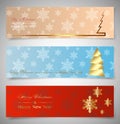 Set of horizontal Christmas banners. Winter theme web banners. New year and Christmas party card elegant gold decoration, isolated