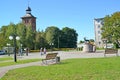 ZNAMENSK, RUSSIA. A view of the square with a sculpture of a deer and Saint Yakov`s Lutheran church