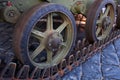 Soviet Union tank tracks. Caterpillar armored closeup shot. Royalty Free Stock Photo