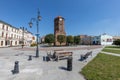 Znin, kujawsko pomorskie / Poland - August, 13, 2020: An old brick tower in the city center. An historic brick building in a small