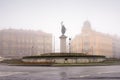 Memorial of russian soldier Ivan covered with fog on a winter day. Znojmo, Czech Republic.