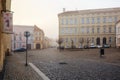Wenceslas Square in the old town of Znojmo on a foggy winter day. Znojmo, Czech Republic, Europe.