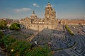 The zocalo in mexico city with the cathedral and giant flag in the centre Royalty Free Stock Photo