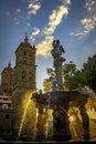 Arcangel Fountain Zocalo Park Plaza Cathedral Sunset Puebla Mexico Royalty Free Stock Photo