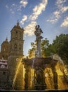 Arcangel Fountain Zocalo Park Plaza Cathedral Sunset Puebla Mexico