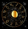 Zodiac astrology circle Golden astrological signs with moon and stars on black Royalty Free Stock Photo
