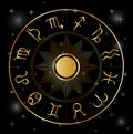 Zodiac astrology circle Golden astrological signs with moon sun and stars on black Royalty Free Stock Photo