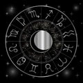 Zodiac astrology circle Silver astrological signs with moon and stars on black Royalty Free Stock Photo