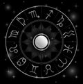 Zodiac astrology circle Silver astrological signs with moon sun and stars on black Royalty Free Stock Photo