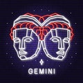 Zodiac astrology horoscope neon sign Gemini linear design. Vector illustration. Elegant line art symbol or icon of