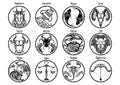 Zodiac Astrology horoscope prophecy sign set design and typography with motif black illustration doodle tattoo style with white b