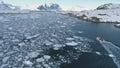 Zodiac boat in Antarctica ocean aerial