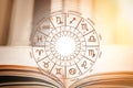 Zodiac circle against the background of an open book. Astrological forecast for the signs of the zodiac