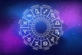 Zodiac circle on the background of the dark cosmos. Astrology. The science of stars and planets Royalty Free Stock Photo